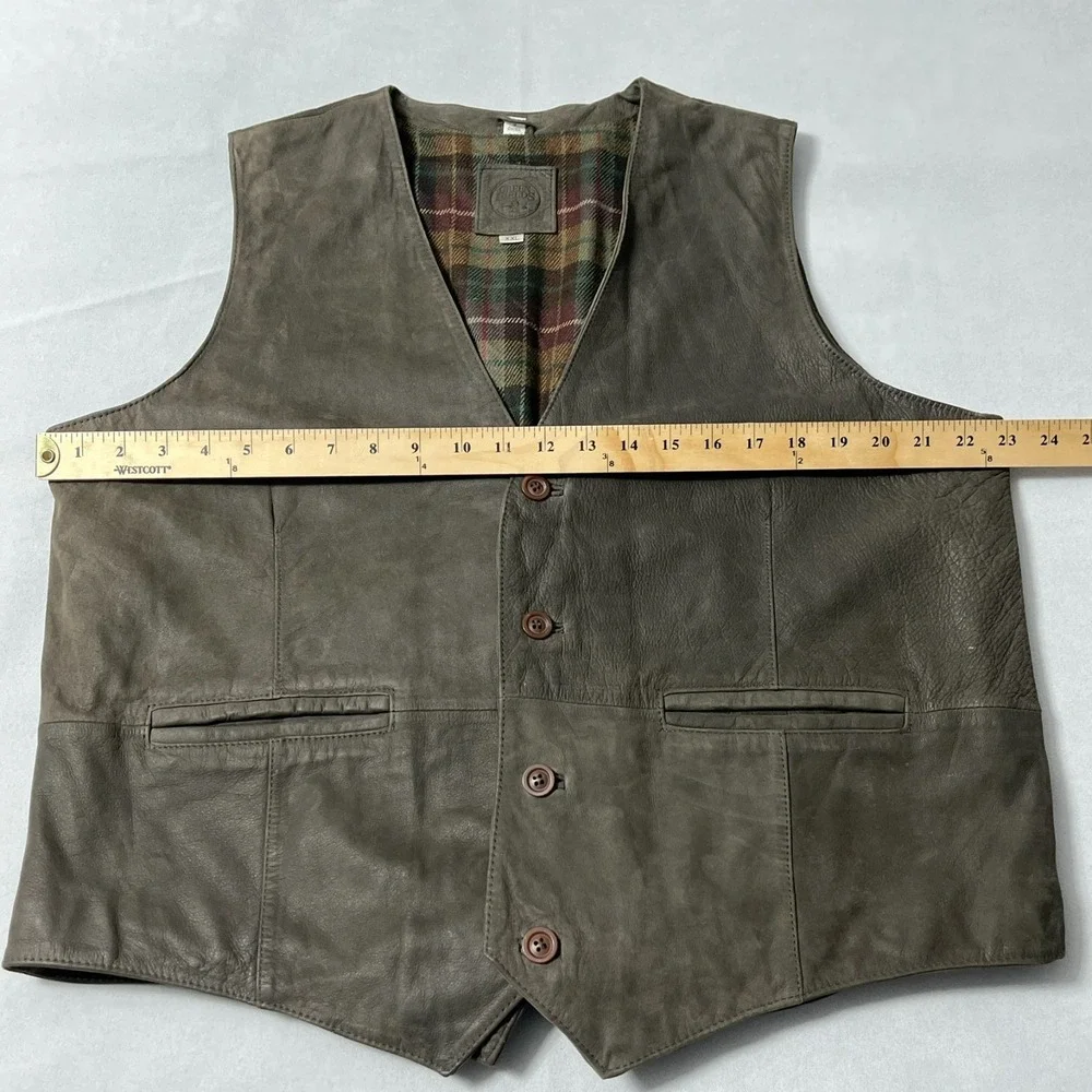 Green Fields Leather Vest Men XXL Brown Taupe Pockets Plaid Lining